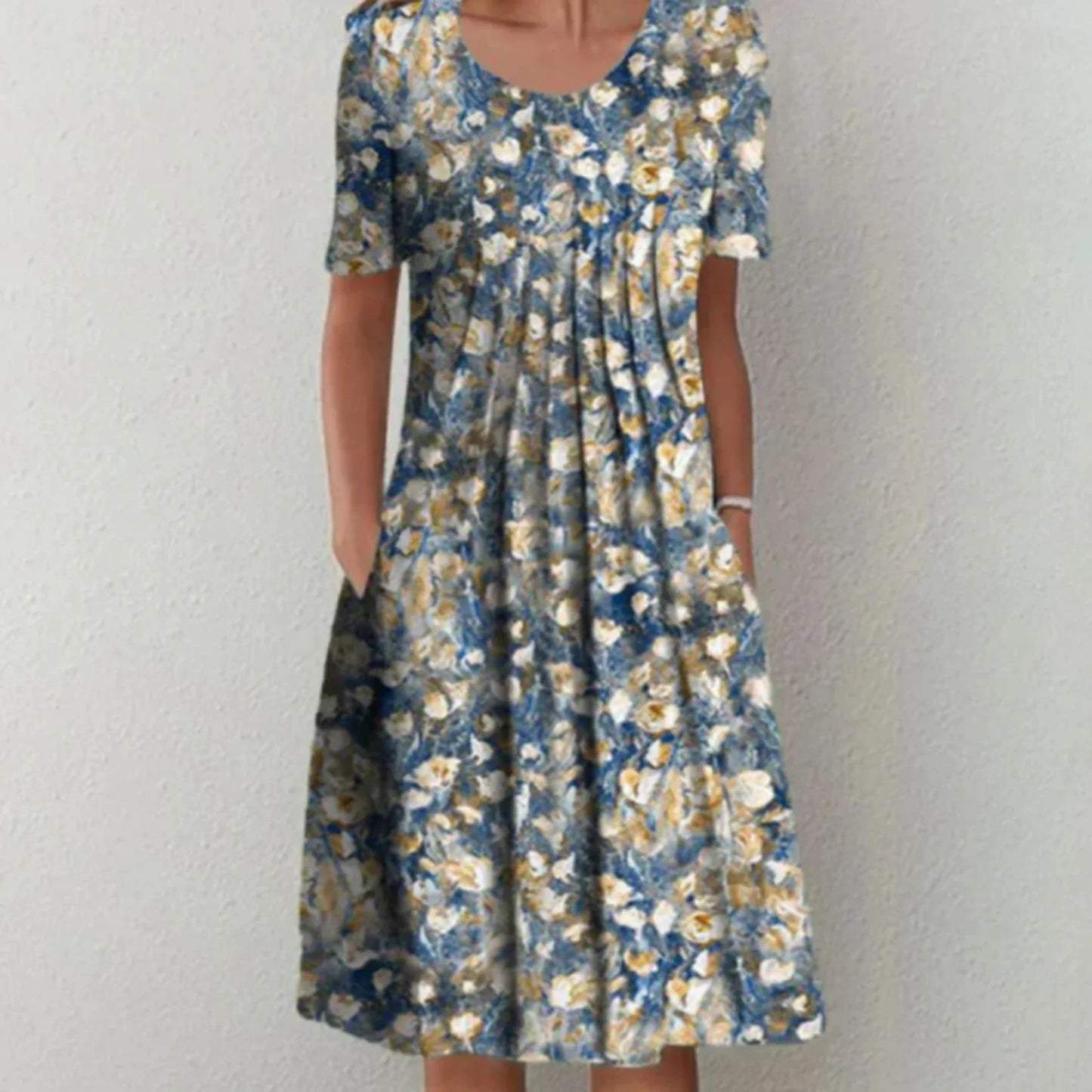 Clara | Damen Midi-Kleid mit Blumenmuster, kurzen Ärmeln und Taschen