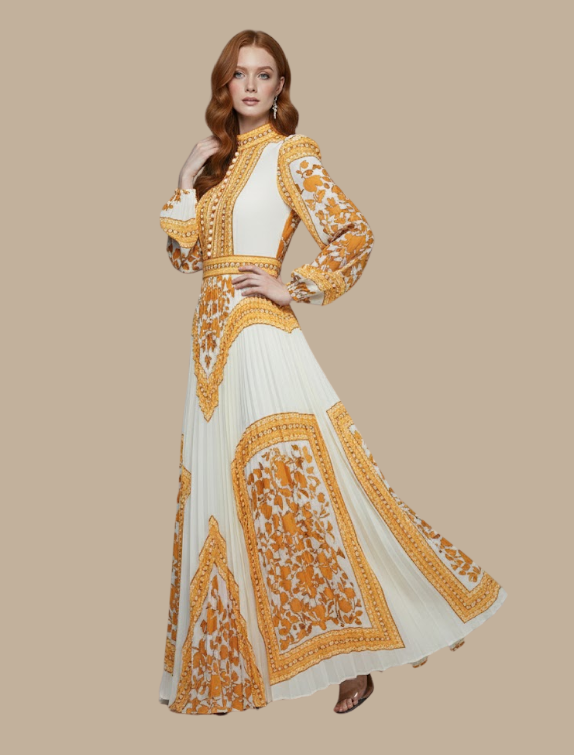 Lucía | Women's printed maxi dress with pleats and long sleeves