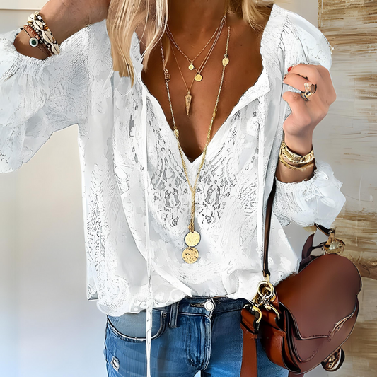 Serelia | Damenbluse mit Spitze und Boho-V-Ausschnitt