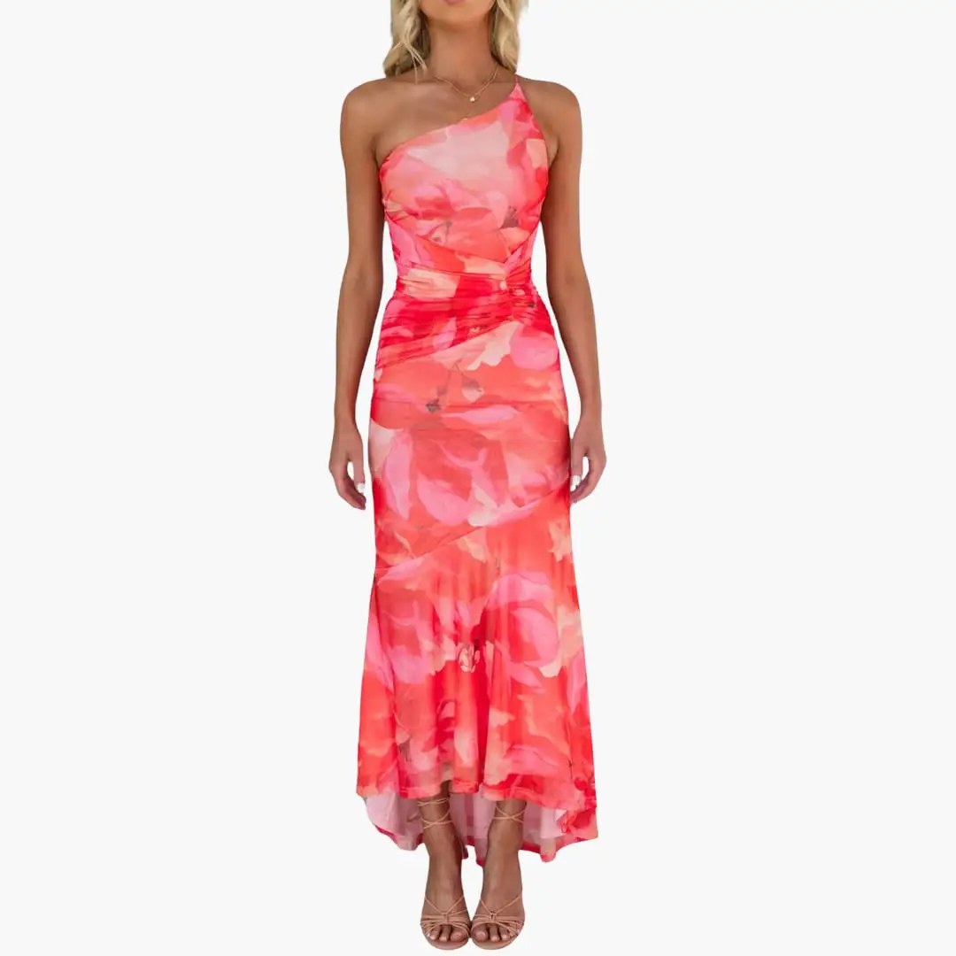 Catalina | Elegantes, einseitig schulterfreies Damenkleid mit Blumenmuster