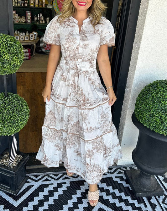 Olalla | Robe midi pour femme avec imprimé vintage et volants