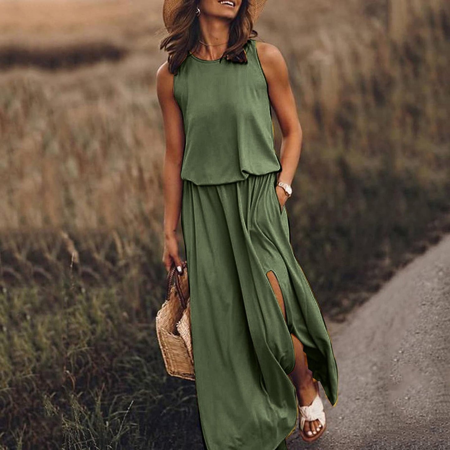 Kariela | Elegantes Damen-Maxikleid mit seitlichem Schlitz | Ärmellos