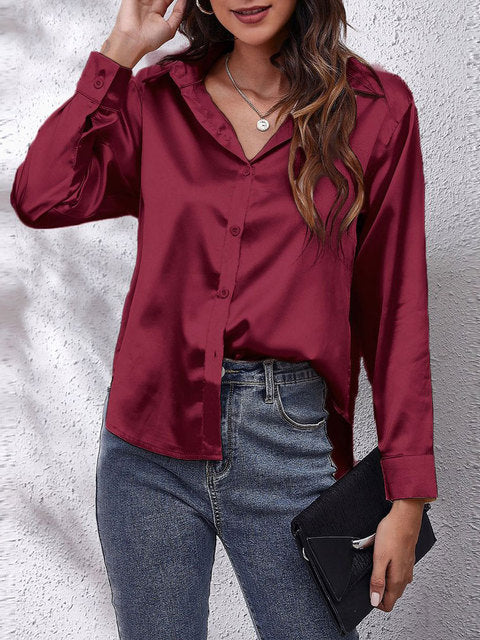 Kaleth | Fließende Satinbluse für Damen mit langen Ärmeln und Knöpfen | Elegant