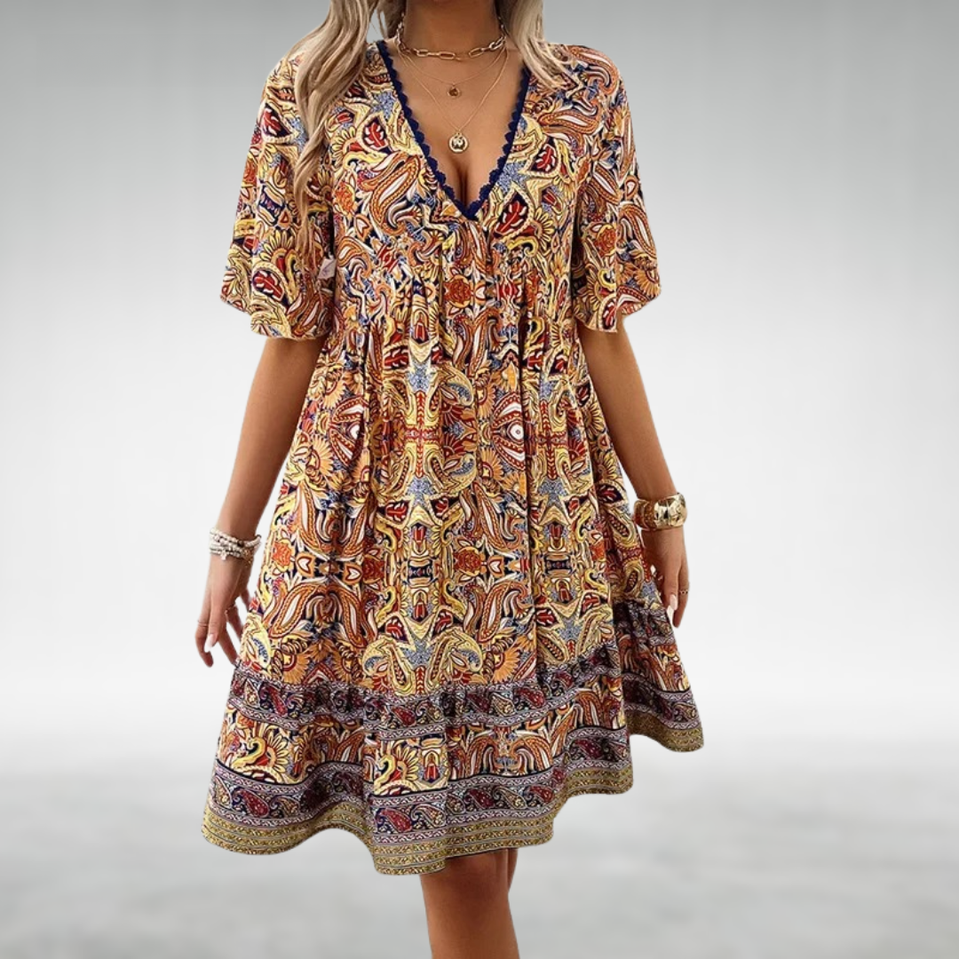 Ainhoa | Bedrucktes Boho-Minikleid für Damen mit V-Ausschnitt