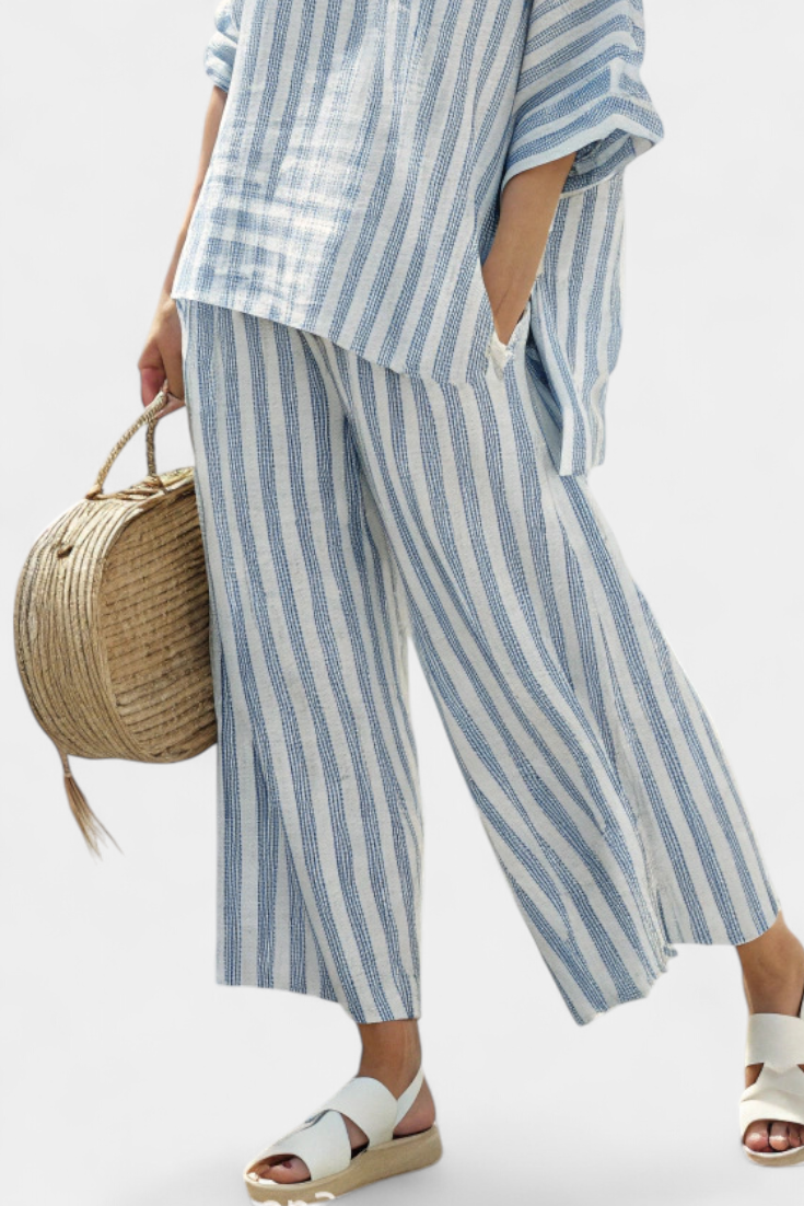 Leigh | Raffiniertes blau gestreiftes Leinentop und weite Hose