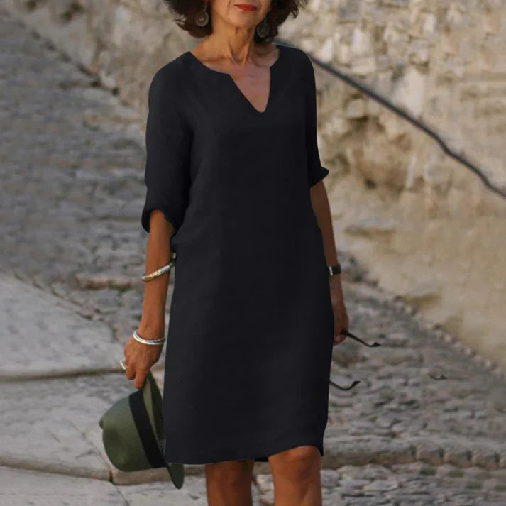 Lucía | Elegantes Midikleid für Damen mit V-Ausschnitt und langen Ärmeln