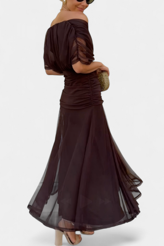 Iselina | Langes, gerafftes Damenkleid mit V-Ausschnitt, elegant | Fließend