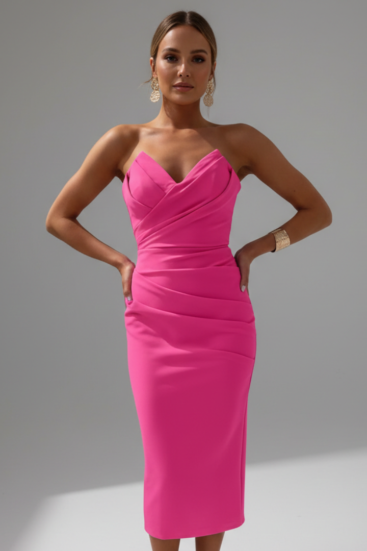 Silvia | Vestido midi de mujer sin tirantes con detalle fruncido