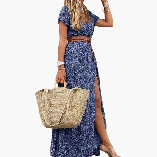 Rosa | Vestido maxi para mujer con manga corta y cintura fruncida