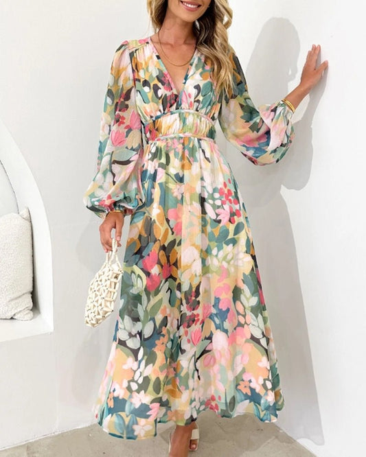 Alicia | Vestido midi para mujer con cuello V y estampado floral