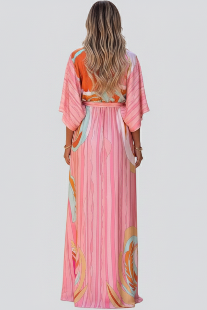 Marisol | Langes Damenkleid mit Muster, V-Ausschnitt und Gürtel