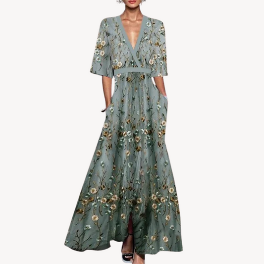Isabel | Vestido maxi para mujer con escote profundo en V y falda amplia