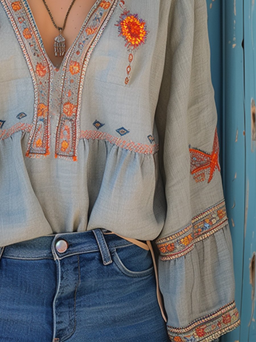 Elaria | Blusa para mujer con bordado y escote en V de estilo bohemio