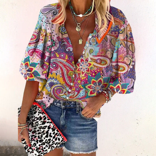 María | Mujer blusa bohemia con estampado floral y manga corta suelta