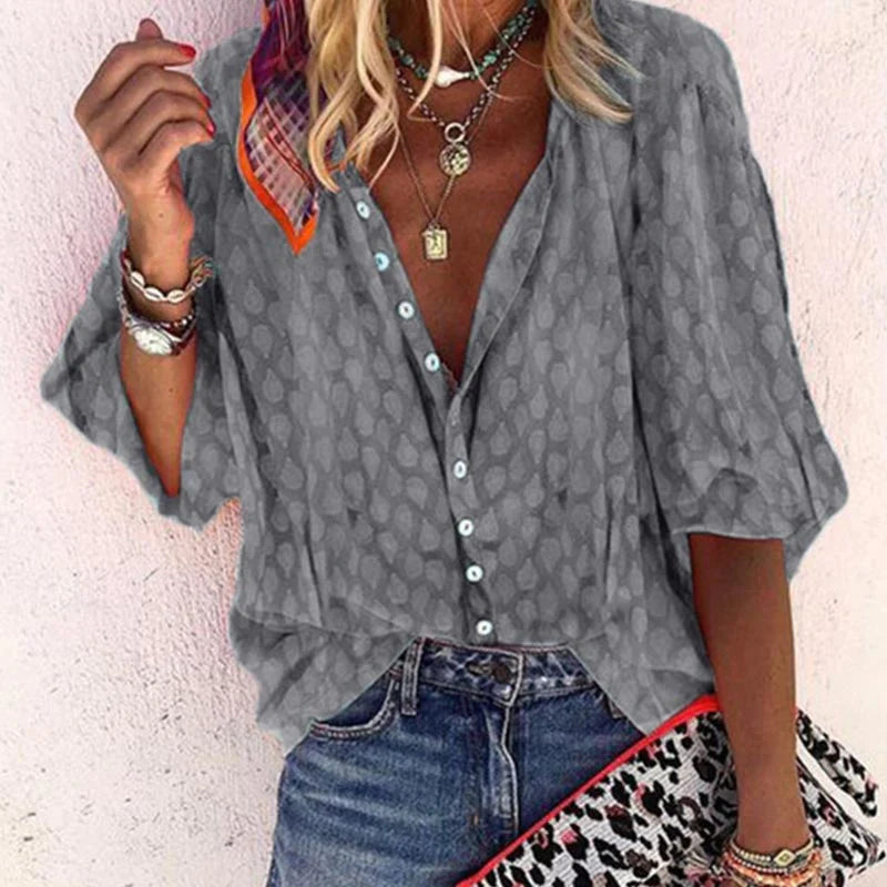 Alviera | Women's Printed Button-Down Blouse with Wide Short Sleeves