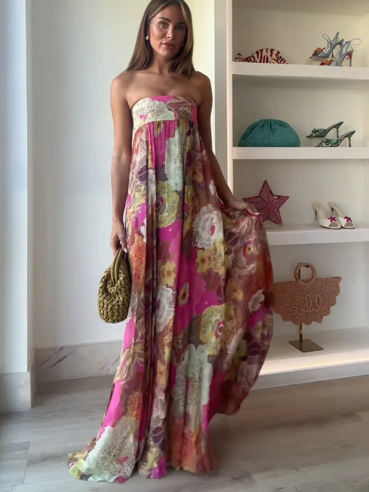 Lurevia | Maxikleid für Damen mit Blumenmuster und trägerlosem Hochzeitsstil