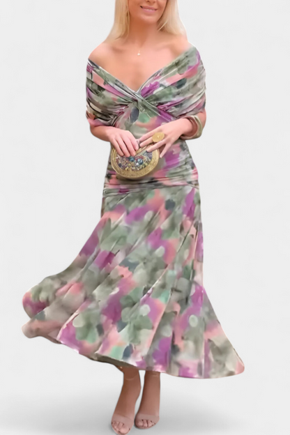 Iselina | Langes, gerafftes Damenkleid mit V-Ausschnitt, elegant | Fließend  