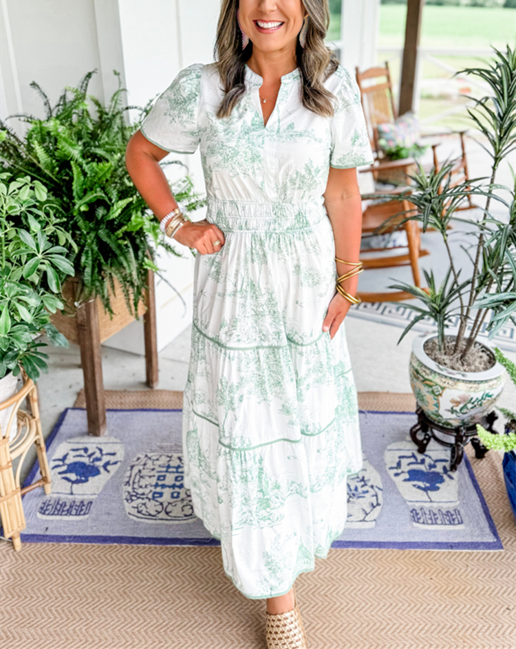 Olalla | Robe midi pour femme avec imprimé vintage et volants