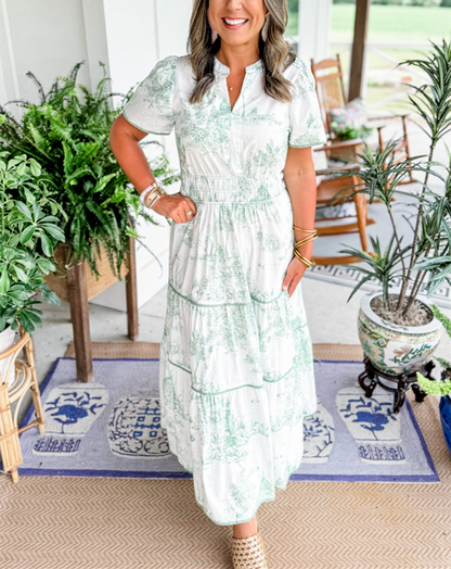 Olalla | Robe midi pour femme avec imprimé vintage et volants