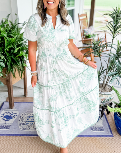 Olalla | Robe midi pour femme avec imprimé vintage et volants