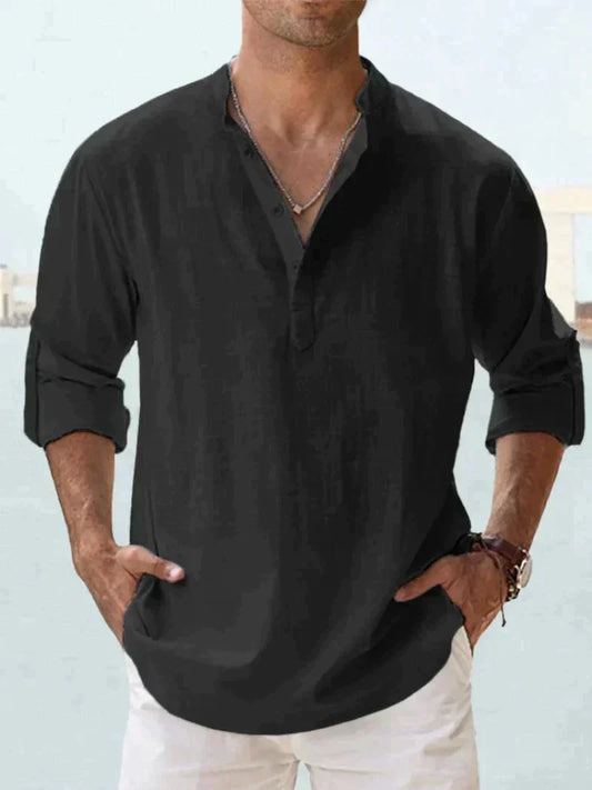 Javier | Hombre camisa con manga larga y corte suelto cuello sin solapa