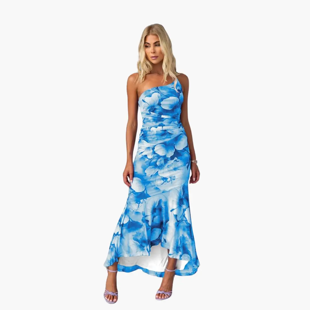 Catalina | Elegantes, einseitig schulterfreies Damenkleid mit Blumenmuster  