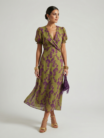 Francisca | Vestido midi floral con mangas abullonadas y escote en V