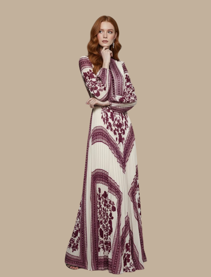 Lucía | Maxikleid für Damen mit Plisseefalten, langen Ärmeln und Muster  