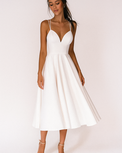 Katia | Robe midi de mariage femme avec fines bretelles et jupe ample