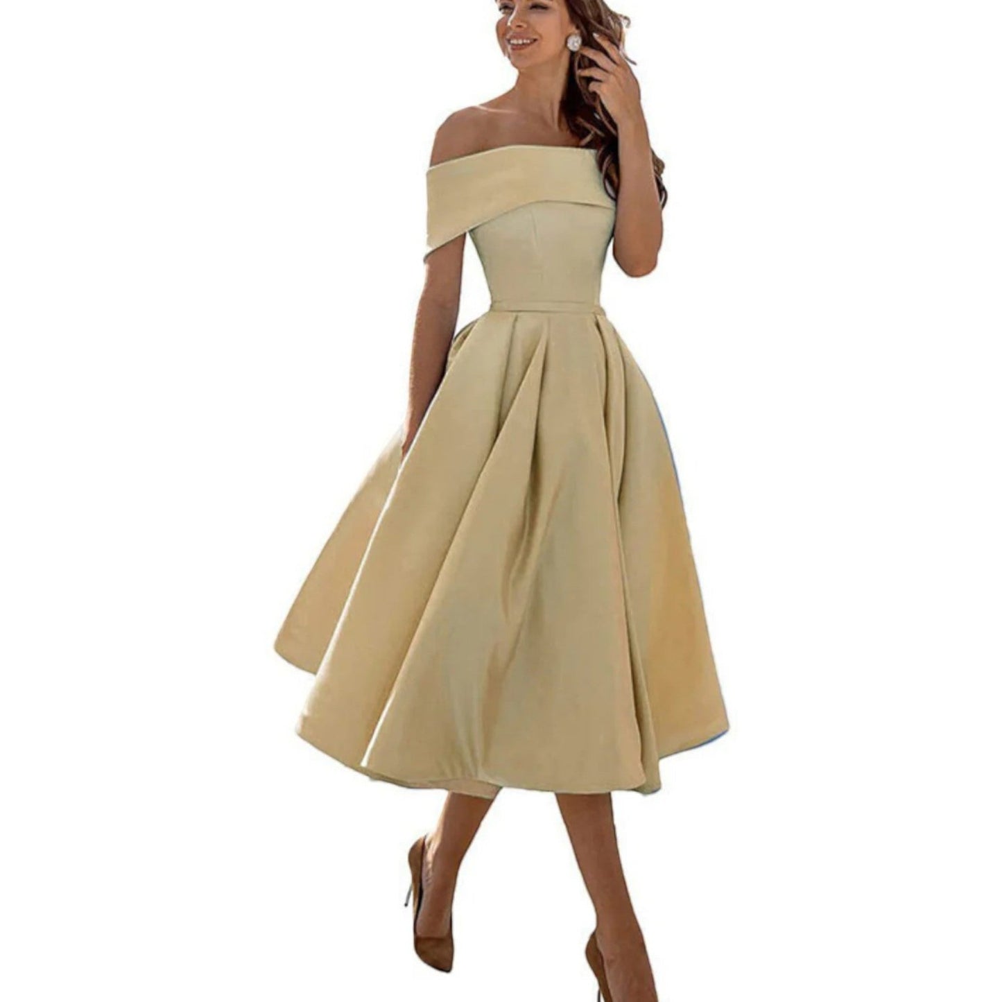 Marisol | Vestido midi para mujer con hombros descubiertos