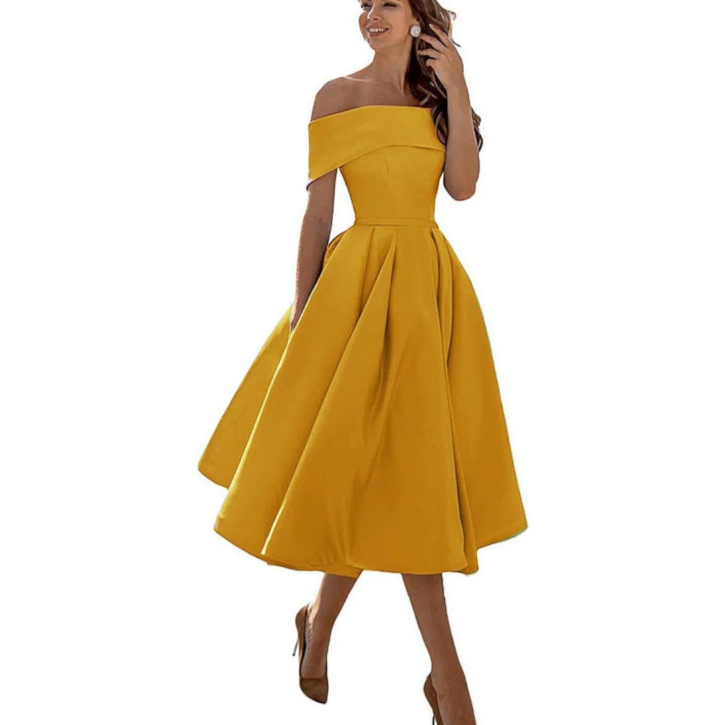 Marisol | Vestido midi para mujer con hombros descubiertos