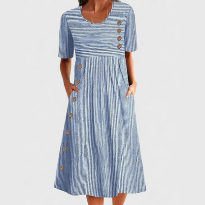 Carmen | Women's striped midi dress with decorative buttons