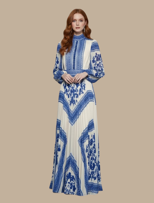 Lucía | Robe maxi plissée pour femme avec manches longues imprimée