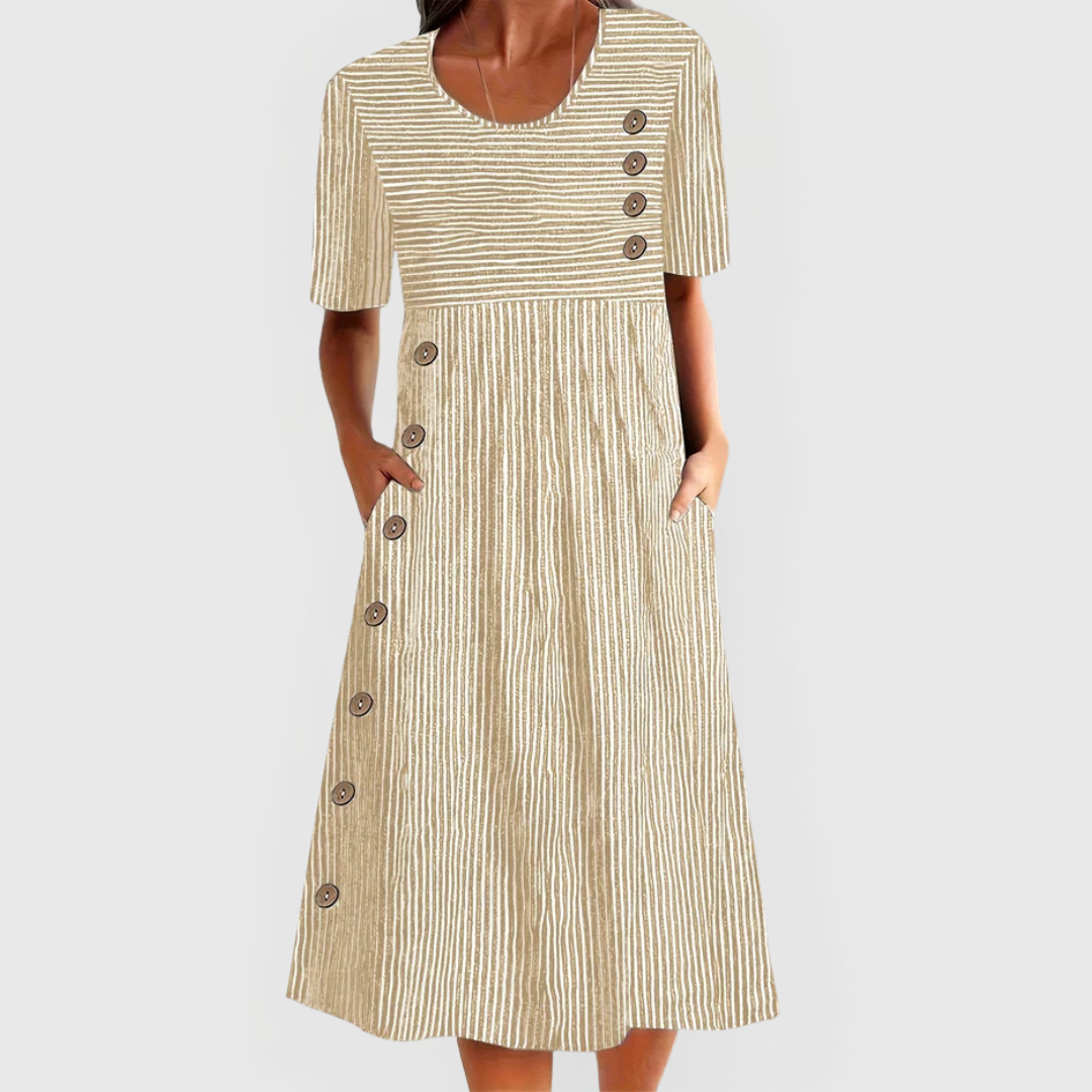 Carmen | Women's striped midi dress with decorative buttons