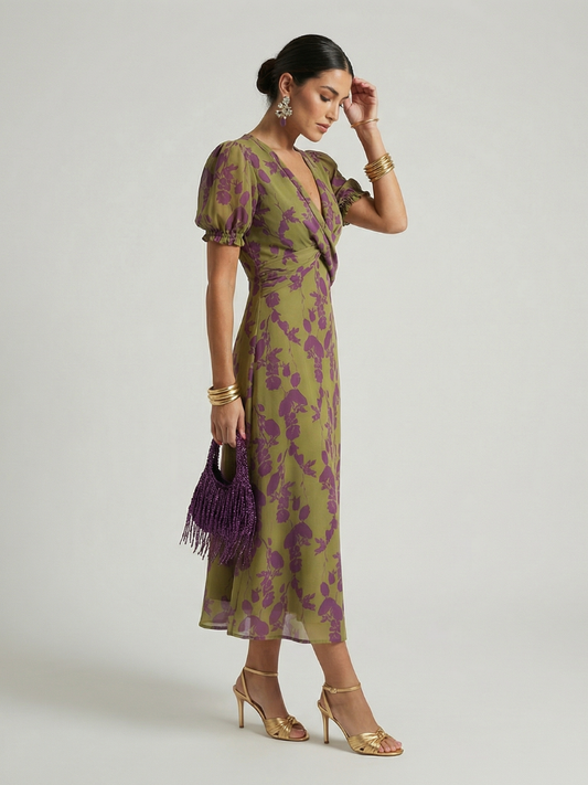 Francisca | Florales Midikleid mit Puffärmeln und V-Ausschnitt