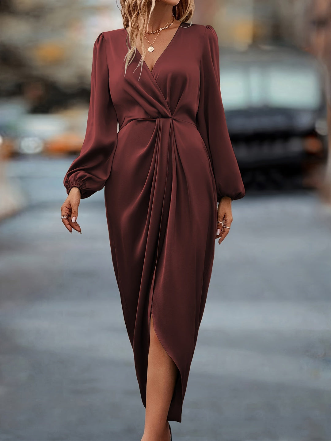 Arletia | Vestido Midi Cruzado para Mujer con Mangas Largas