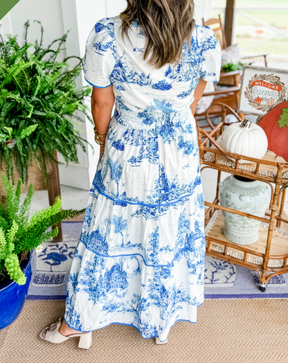 Olalla | Robe midi pour femme avec imprimé vintage et volants