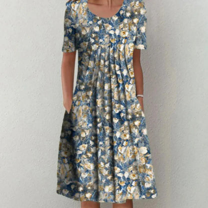 Clara | Damen Midi-Kleid mit Blumenmuster, kurzen Ärmeln und Taschen