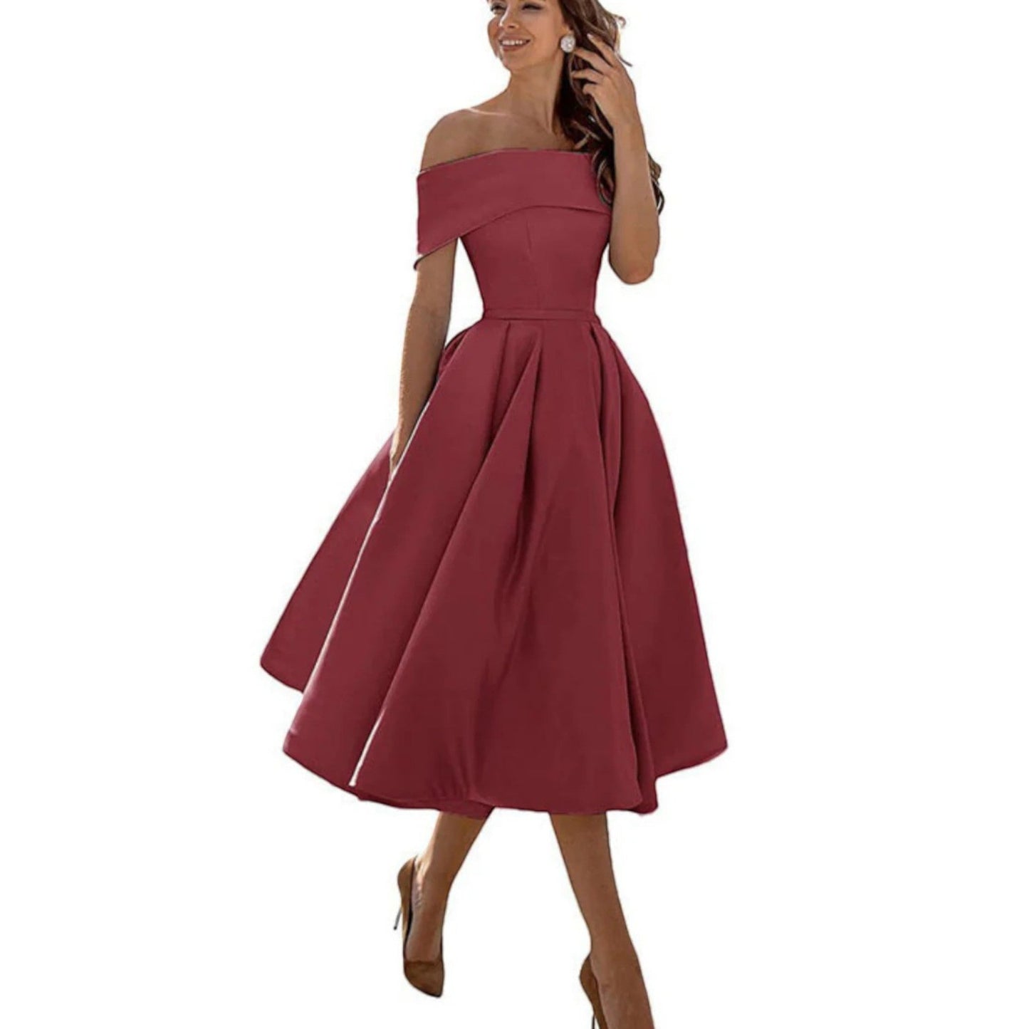 Marisol | Vestido midi para mujer con hombros descubiertos