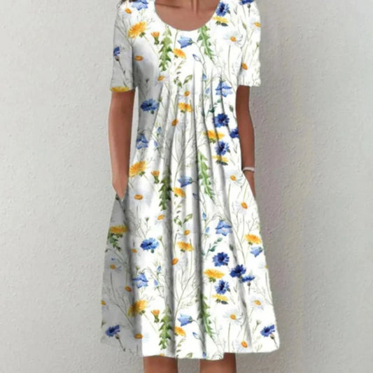 Clara | Damen Midi-Kleid mit Blumenmuster, kurzen Ärmeln und Taschen