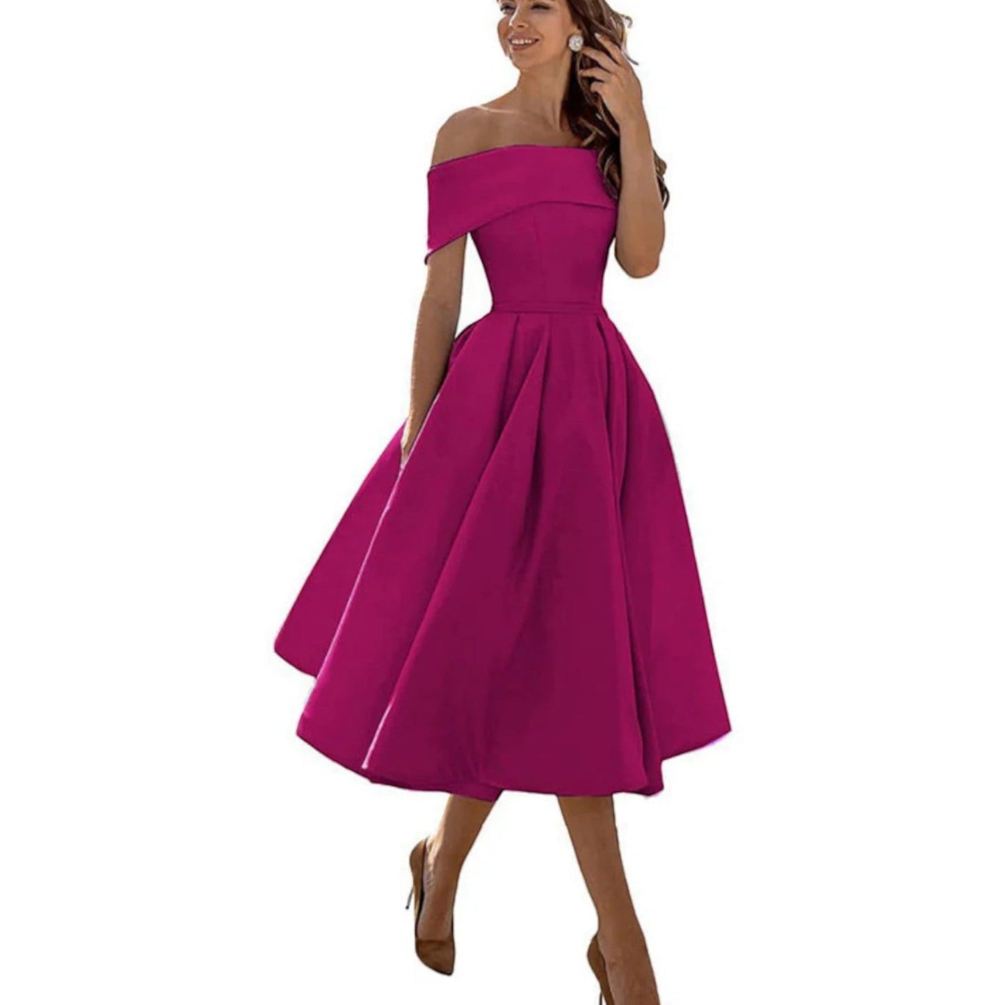 Marisol | Vestido midi para mujer con hombros descubiertos