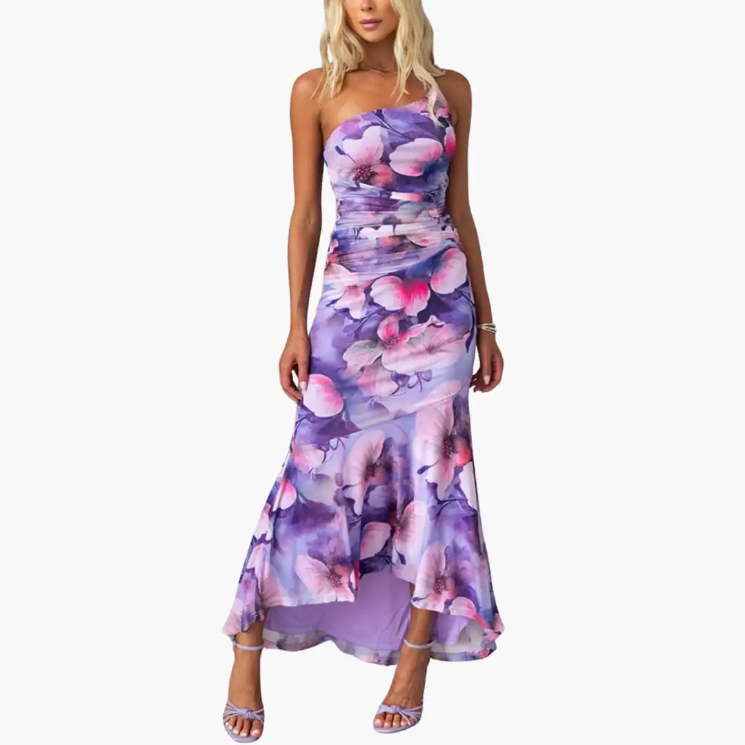 Catalina | Elegantes, einseitig schulterfreies Damenkleid mit Blumenmuster  
