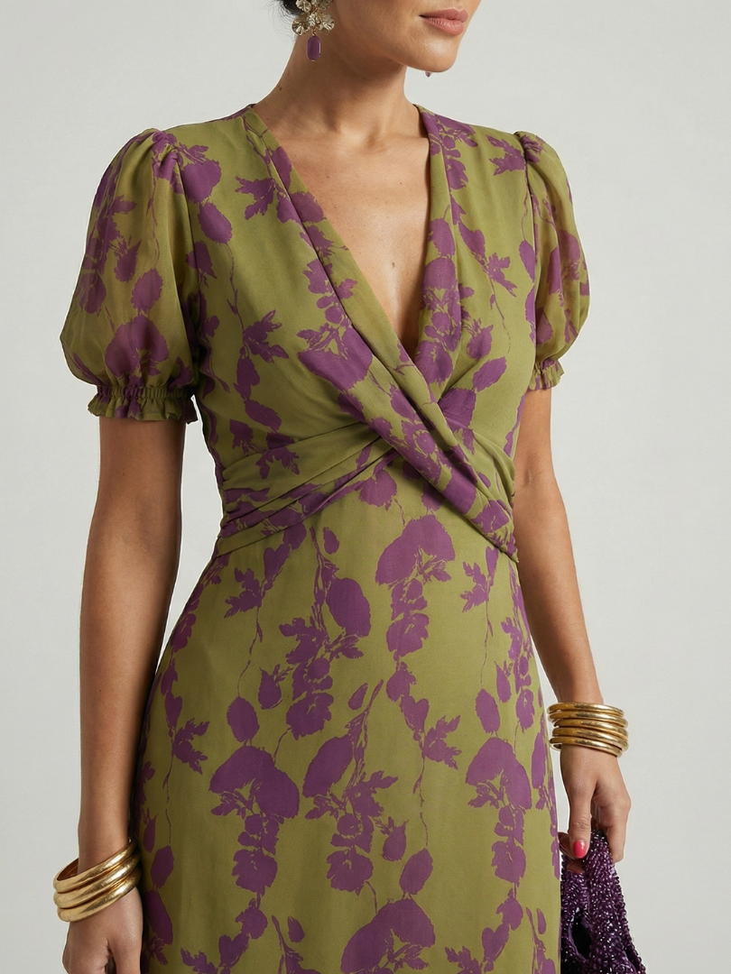 Francisca | Vestido midi floral con mangas abullonadas y escote en V