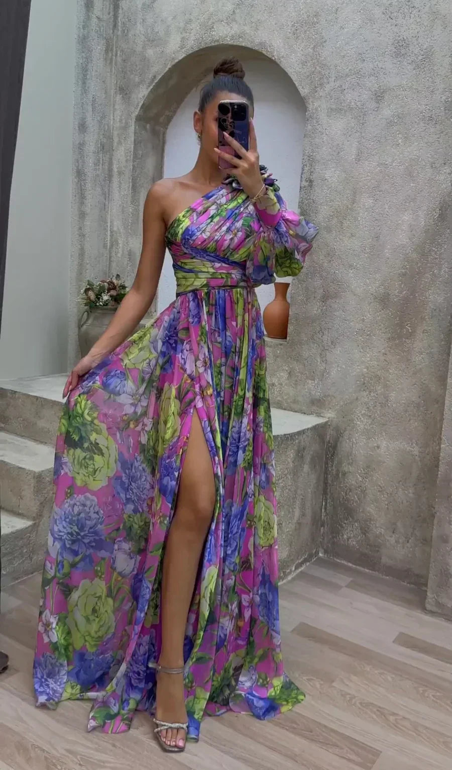 Oria | Robe longue élégante pour femme avec imprimé floral et fente
