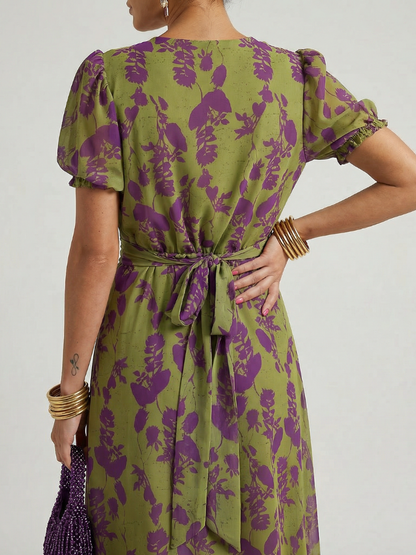 Francisca | Vestido midi floral con mangas abullonadas y escote en V