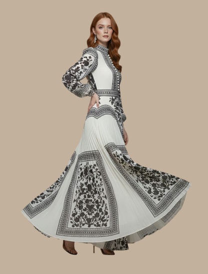 Lucía | Maxikleid für Damen mit Plisseefalten, langen Ärmeln und Muster  