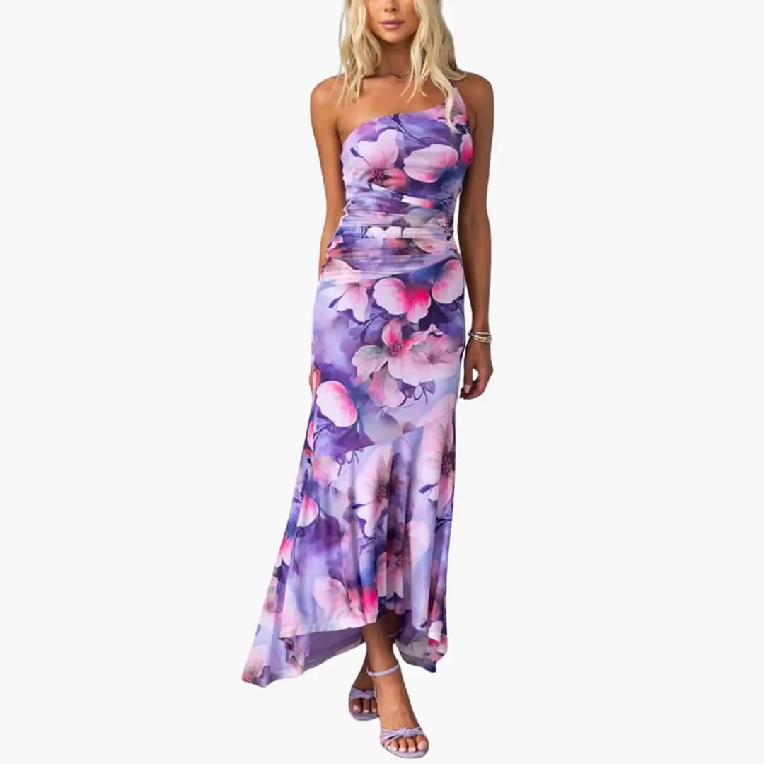Catalina | Elegantes, einseitig schulterfreies Damenkleid mit Blumenmuster  