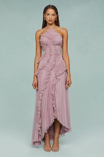 Emilia | Elegantes Neckholderkleid mit Volants und Plisseefalten  