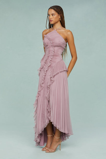 Emilia | Elegantes Neckholderkleid mit Volants und Plisseefalten  