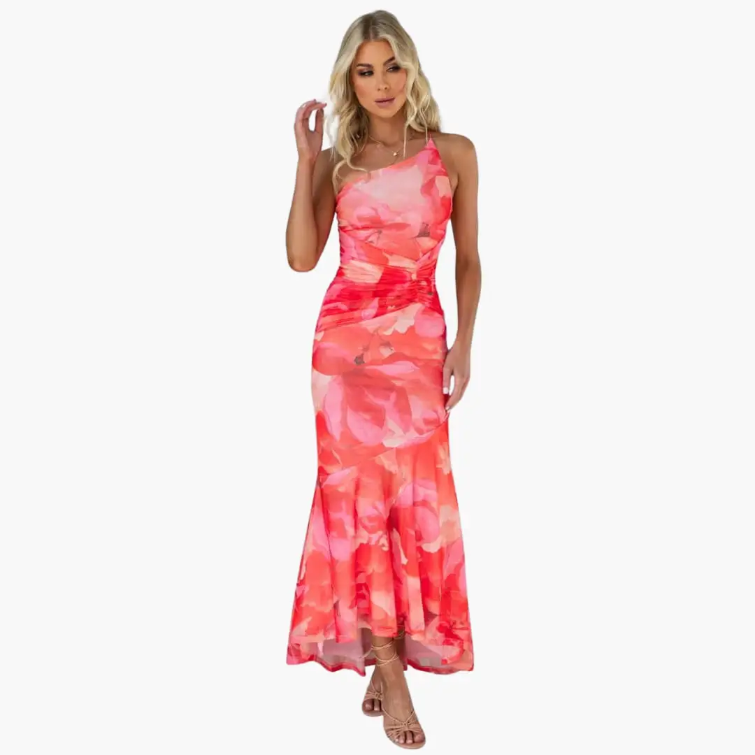 Catalina | Elegantes, einseitig schulterfreies Damenkleid mit Blumenmuster  